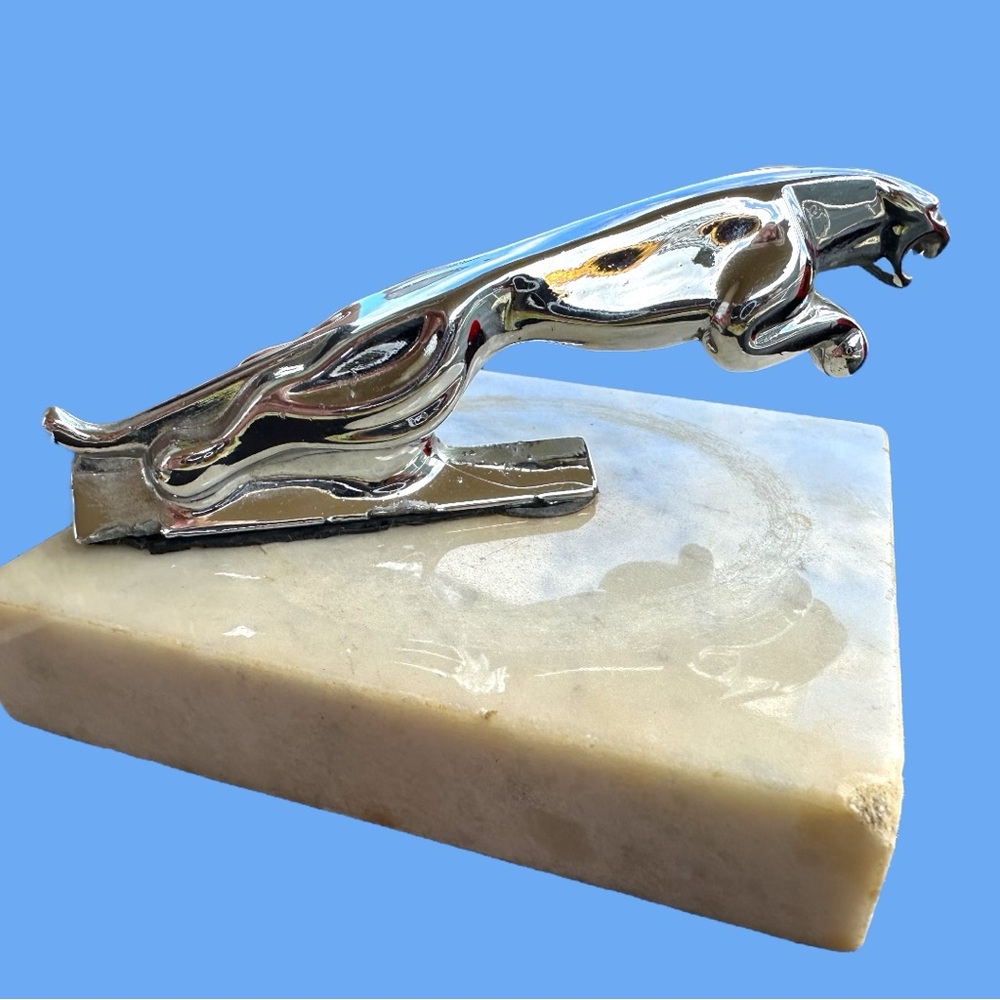 VINTAGE JAGUAR CHROME HOOD ORNAMENT MARBLE MOUNTED